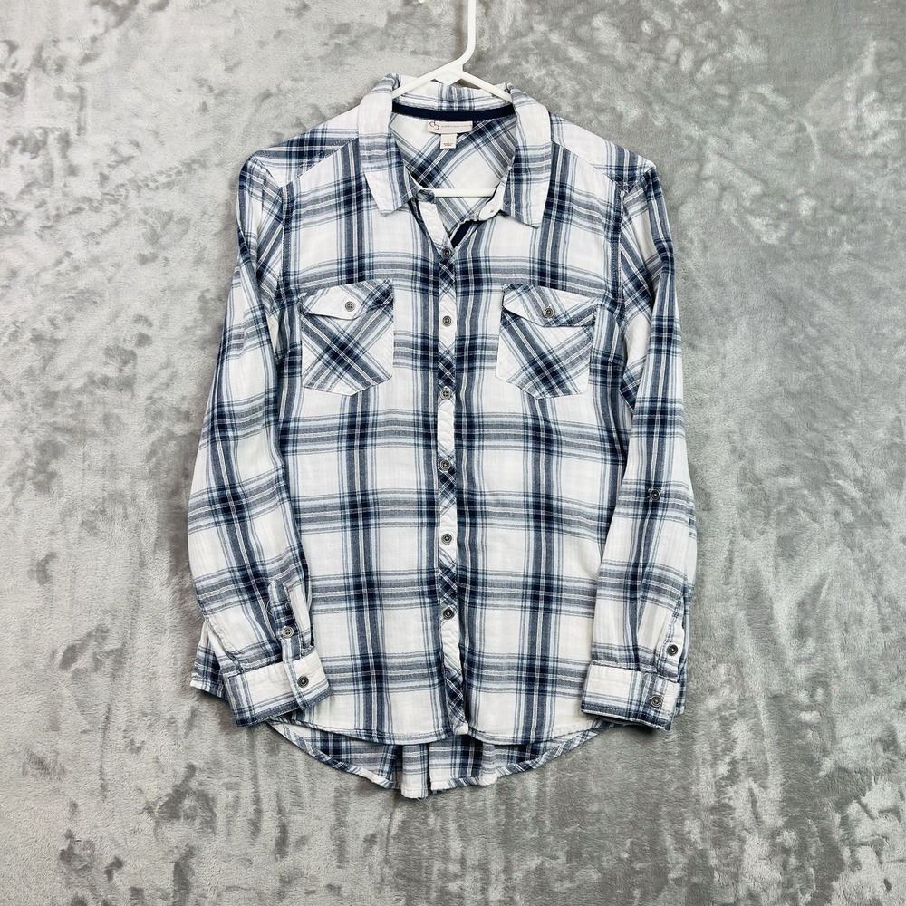 Dress Barn Plaid Shirt Womens Size Large Cotton Blue White Long Sleeve Button Up